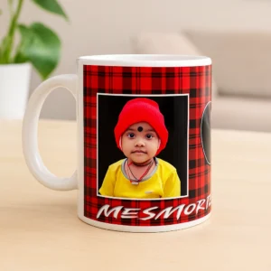 Custom Photo Ceramic Mug with Red Plaid Design.